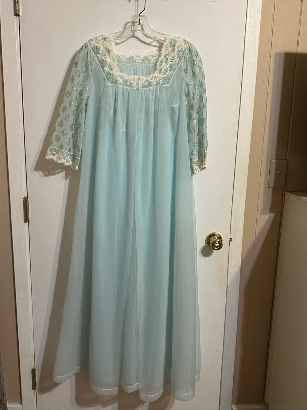 Vintage-Inspired Light Blue Lace-Trim Long Nightgown